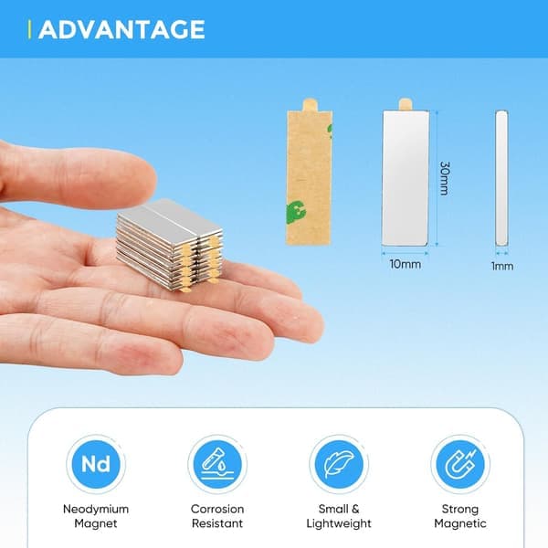 20 Stycken Starka Självhäftande Magneter 30x10x1mm, Platta Självhäftande Magneter i Par, Neodym Rektangulära Magneter