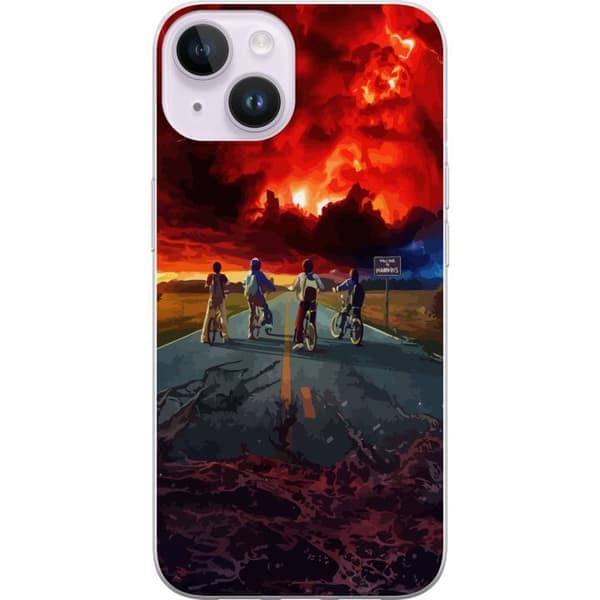 Kompatibelt Mobilskal till Apple iPhone 14 Stranger Things-inspirerad sci-fi-affisch med cyklande barn, dramatisk himmel och mörk fantasy känsla,