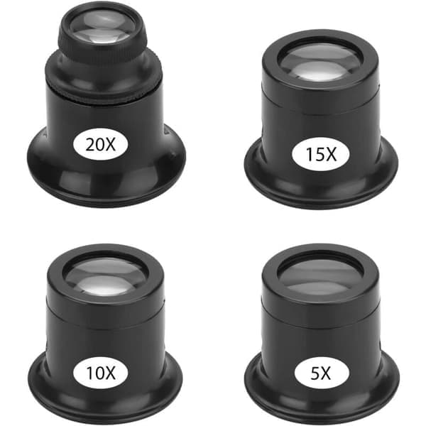 Set of 4 Portable Jeweler's Loupes, Watchmaker's Loupes with Different Magnifications, 5X, 10X, 15X, 20X Eye Loupes for Jewelers