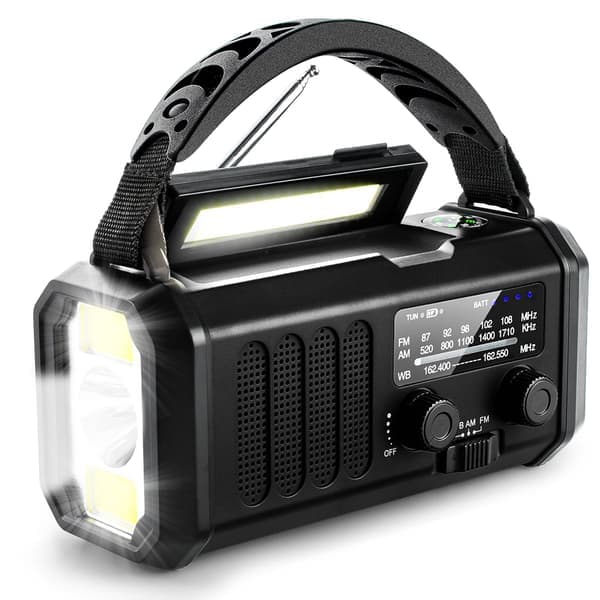 Nödradio 10000mAh med ficklampa, solcellsdriven vevradio, AM/FM väderradio, SOS-larm, Type-C laddning svart