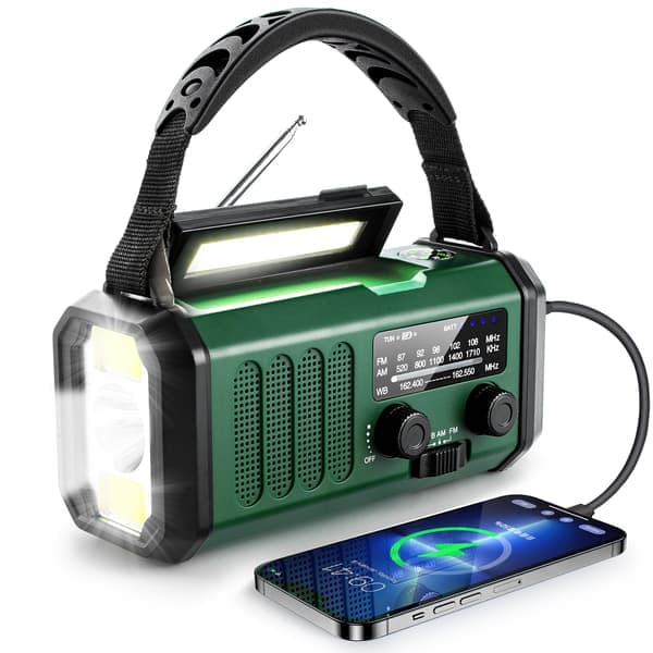 Nödradio 10000mAh med ficklampa, solcellsdriven vevradio, AM/FM väderradio, SOS-larm, Typ-C laddning Militärgrön