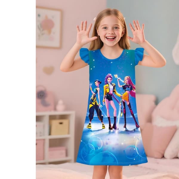 Kpop Demon Hunter Girls Girls Flygande Ärm Nattlinne Casual Hem Klänning Outfit 120cm