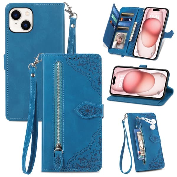 Lämplig för iPhone mobiltelefonfodral - mobiltelefon läderfodral flipfodral präglat kortfack läderfodral Blå iPhone 11