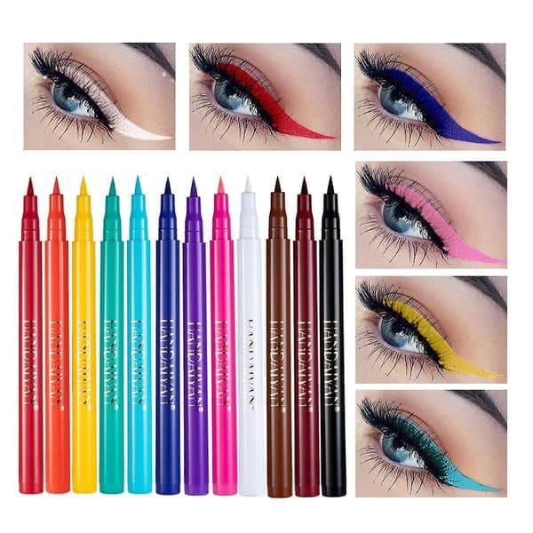 12-pack Matt Regnbågsfärgad Flytande Eyeliner Set, Vattentät Högpigmenterad Eyelinerpenna Set