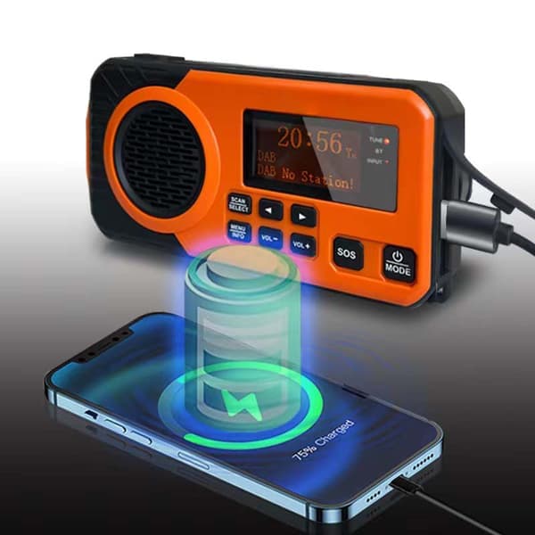 Bärbar Solcellsdriven Vevradio för Nödsituationer, DAB+, BT, FM, SOS-larm, 5000mAh Powerbank, Läslampa