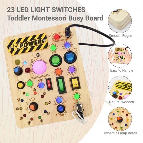 Montessori Busy Board with LED Lights - Sensory Activity Toy for Toddlers 18+ Months