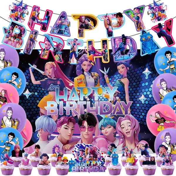 36-41 st K-Pop Demon Hunters Partydekorationer Set med Banner Ballonger Cupcake Toppers Duk för Födelsedag Barnkalas Tema