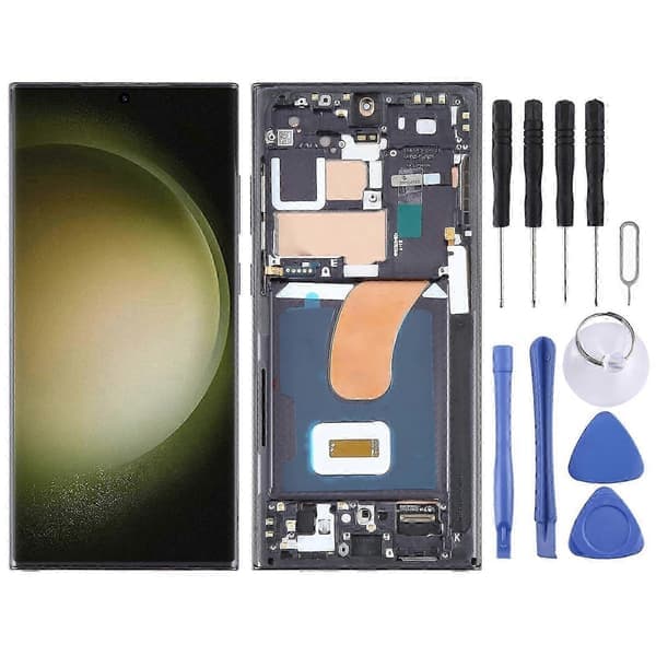 Kompatibel med Samsung Galaxy S23 Ultra 5G SM-S918B EU 6,78 tum OLED LCD-skärm Digitizer Komplett enhet med ram Svart SZRG A-D-WELLNGS