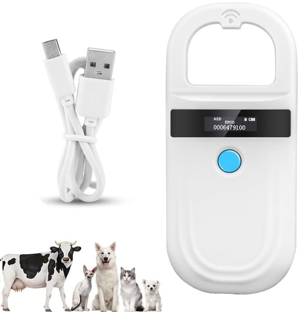 ING Pet Specifik Bluetooth RFID Chip Läsare - USB Laddning - Trådlös - Stöder FDX-B och EMID - 134.2KHz/125KHz OLED Display - Vit