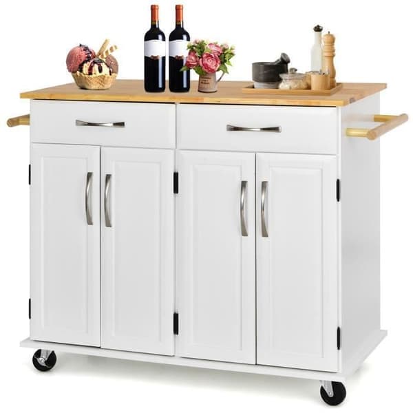COSTWAY köksvagn på hjul - 2 lådor, 2 dubbeldörrsskåp, justerbara hyllor - Kitchen Island-vagn - Vit