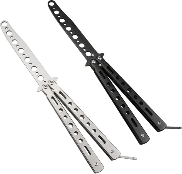 Fjärilskniv - 2-pack Fjärilskniv Träningsverktyg Stålmetall för att öva på att vända trick, Balisong Tränare Svart & Silver