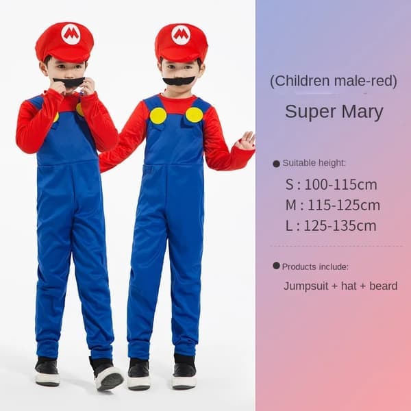 Super Mario Kostym för Barn - Röd Halloween Cosplay Outfit Kompatibel med Mario Spel[JUN]