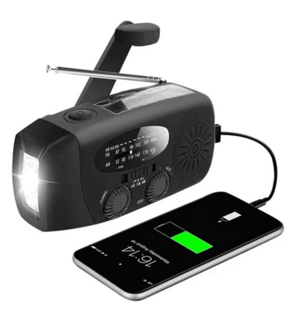 Svart/Röd Vevradio med Solcell, Ficklampa och 2000mAh Powerbank Nödradio, Survival 200