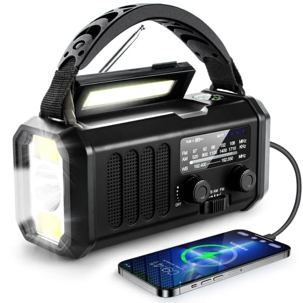 Nödradio med vev, 10000mAh nödradio, solradio AM/FM väderradio, USB Type-C laddning, ficklampa och LED läslampa