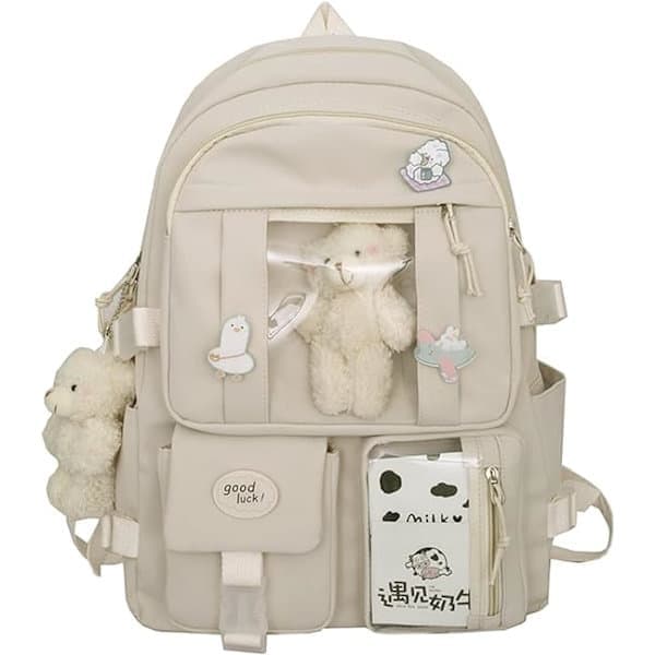 Kawaii Skolryggsäck för Flickor Söt Estetisk Ryggsäck Skolryggsäck med Nål och Tillbehör Vit