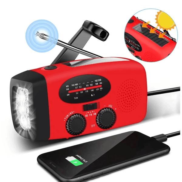 Svart/Röd Vevradio med Solcell, Ficklampa och 2000mAh Powerbank Nödradio, Survival 200