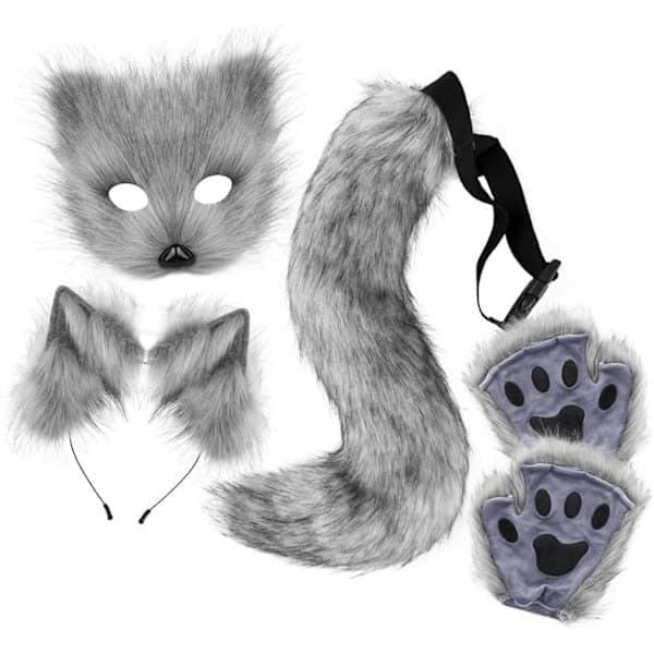 Plyschmask med rävsvans och öron set, katt svans räv kostym cosplay kostym med kattöron och tasshandskar halloween cosplay grå