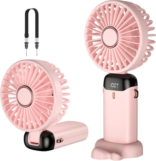 Handhållen fläkt, Mini Portabel USB Uppladdningsbar Fläkt, Liten Fickfläkt 5 Hastigheter med Bas, 1200mAh Batteri Vikbar Skrivbordsfläkt för