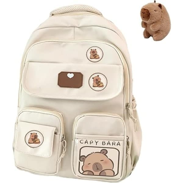 Capybara Ryggsäck för Skolan, Söt Preppy Estetisk Ryggsäck med Kawaii Nål och Tillbehör för Flickor Vit med Docka
