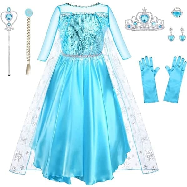Flickdräkt, 9-delars set, ELSA Barnklänning med krona, tiara, handskar och trollstav, lämplig för jul, maskerad, Halloween, födelsedagsfest 100cm