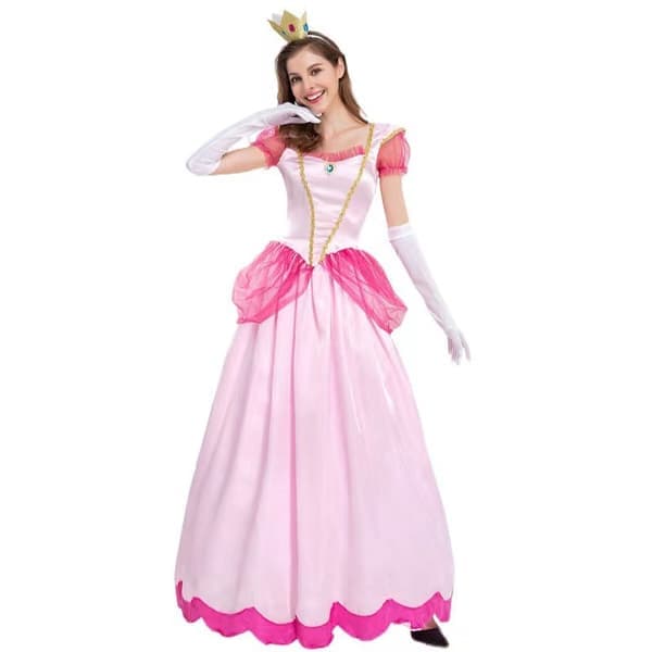 Super Mario Peach Cosplay Damkläder Cosplay Kostym Rosa Prinsessklänning + Handskar + Huvudbonad Klädset S