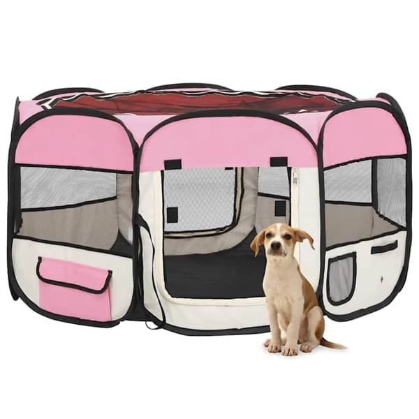 vidaXL Hopfällbar hundhage med väska rosa 125x125x61 cm