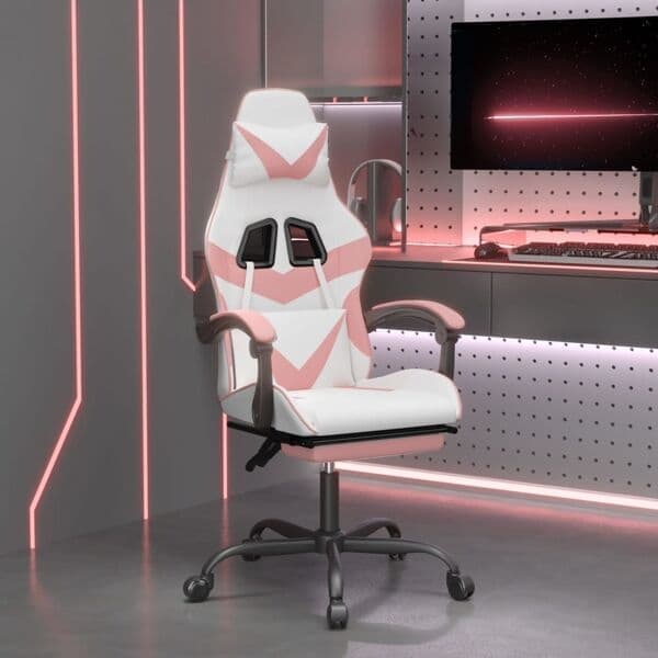 vidaXL Gamingstol med fotstöd vit och rosa konstläder