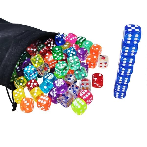 100 st Färgade Tärningar med Dragskopåse, Bulk Akryl Speltärningar, Släta Snurr, Transparenta Tärningar för Klassrum, Matematikinlärningsspel