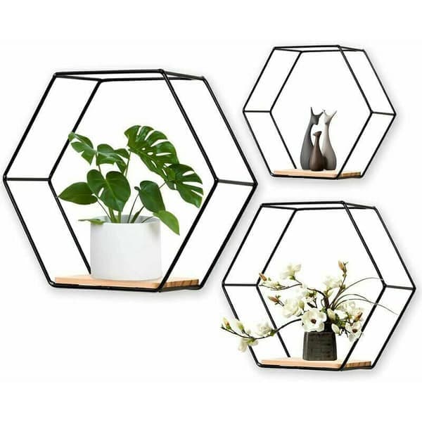 Wall Shelf, Set of 3 Hexagonal Metal and Wood Shelves, for Kitchen, Bathroom, Bedroom, Wall Decoration (Black)