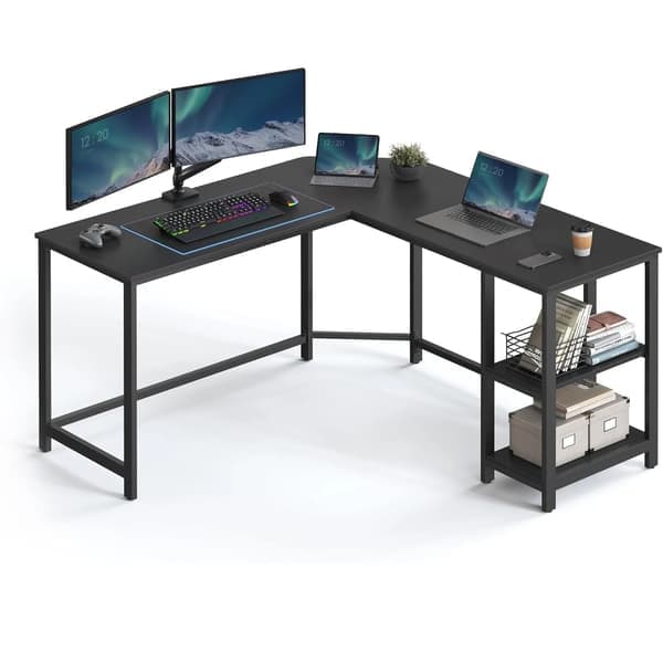 Datorbord, L-format hörnskrivbord, 138 x 138 x 76 cm, spelbord, svart med träfibrer