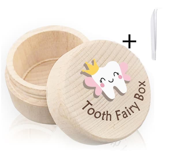 Tandask i trä för babys första tand med liten pincett - Könsneutral baby shower-present för pojkar och flickor - Tandfe-ask