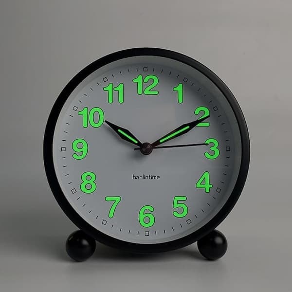 Tyst väckarklocka - Tickfri analog väckarklocka med varmt ljus - minimalistisk rund svart