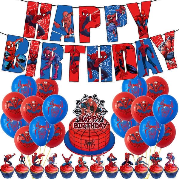Spiderman Superhjälte Tematiska Födelsedagsfest Tillbehör Set Ballonger Banner Tårta Toppers Dekorer Kit För Barn Pojkar  (FMY)