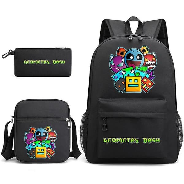 Geometry Dash Skolväska Ryggsäck Pennfodral Axelväska Tredelat Set _03