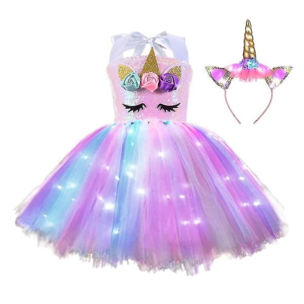 Barnflickor Enhörningsdräkt LED-ljus Tutu Klänning + Hårband Outfits Set Cosplay Karneval Födelsedagsfest B 4-6 Šr{FY}