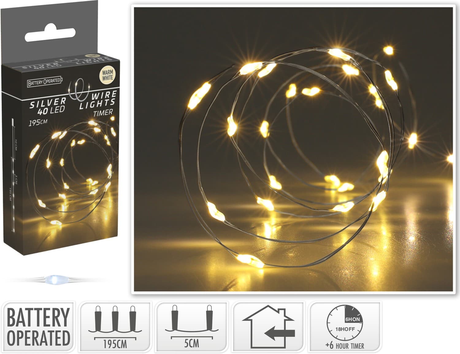LED-slinga Silvertråd 195 cm Timer