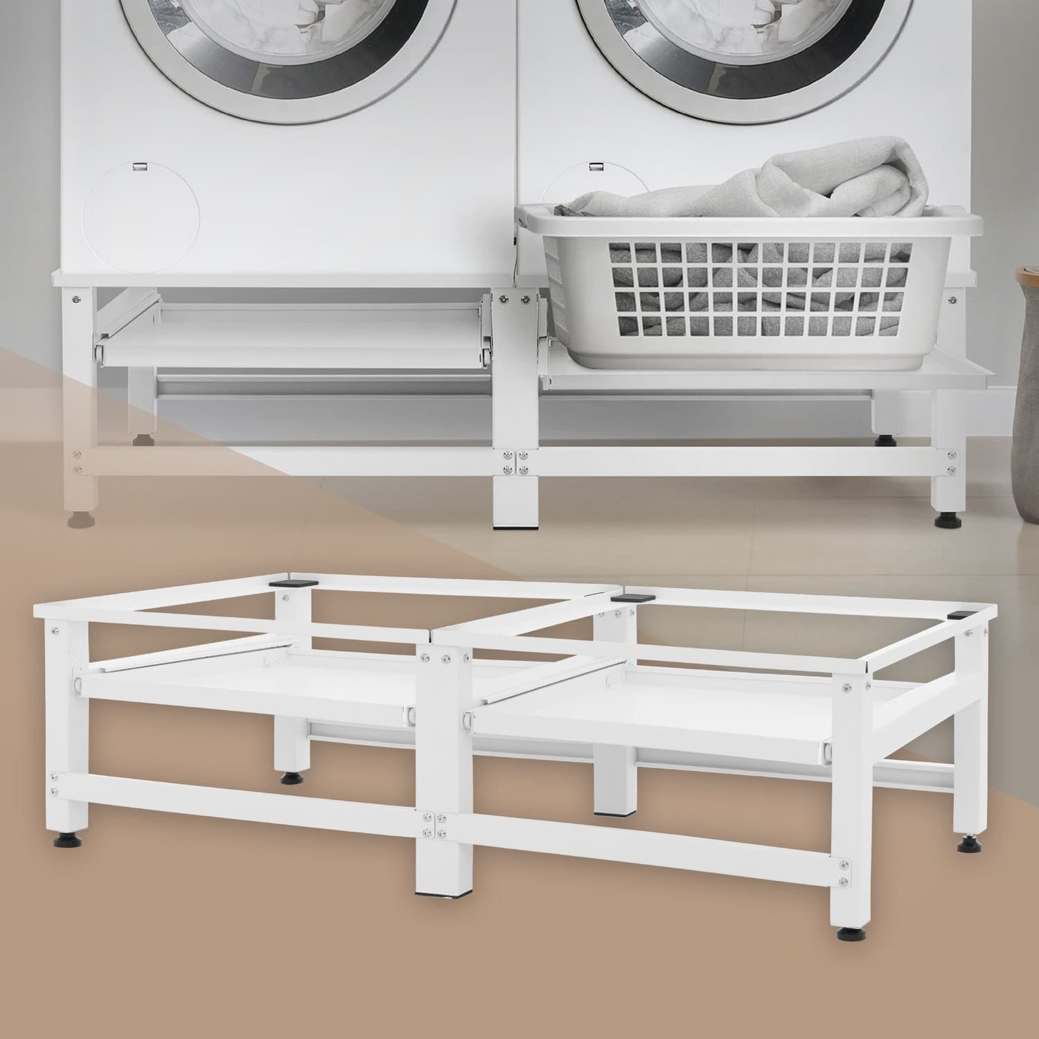 Set med 2 tvättmaskinsunderreden med utdragbara hyllor i vitt stål ML design