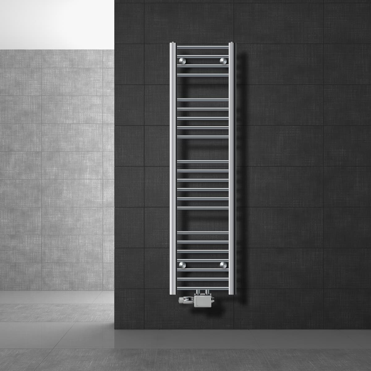 Badrums radiatorer med universalanslutning anslutningsuppsättning inkl. Termostat ECD Germany Modell Sahara 300 x 1400 mm krom rak med