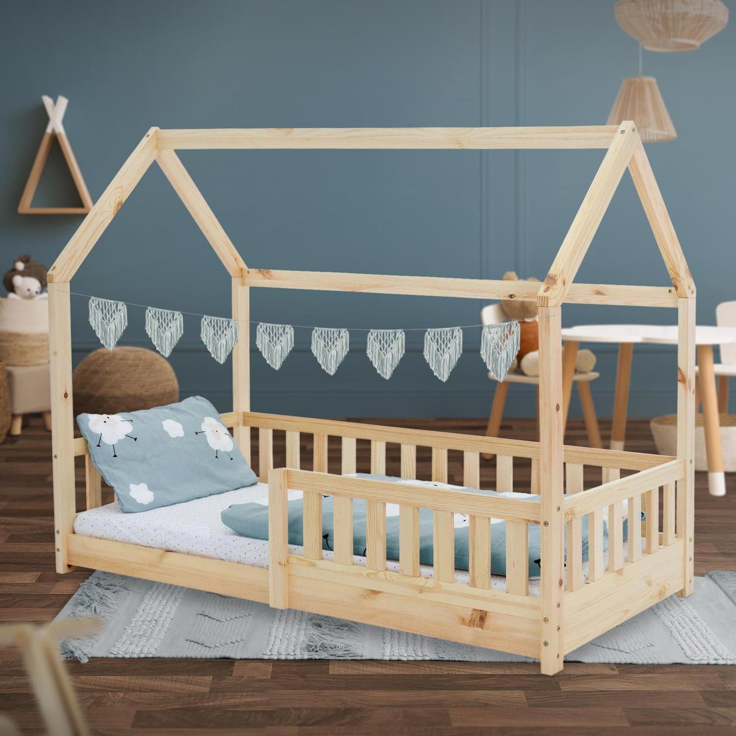 Barnsäng med skydd mot utfällning Litterram och tak 80x160 cm Naturligt furuträ ML-Design