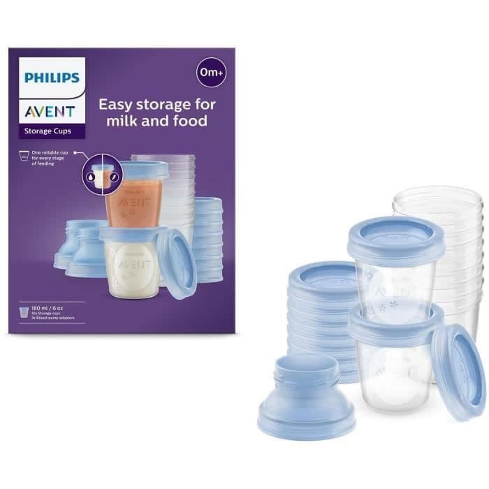 Förvaringsburkar - PHILIPS AVENT - Bröstmjölk - 10 burkar 180 ml + 2 adaptrar