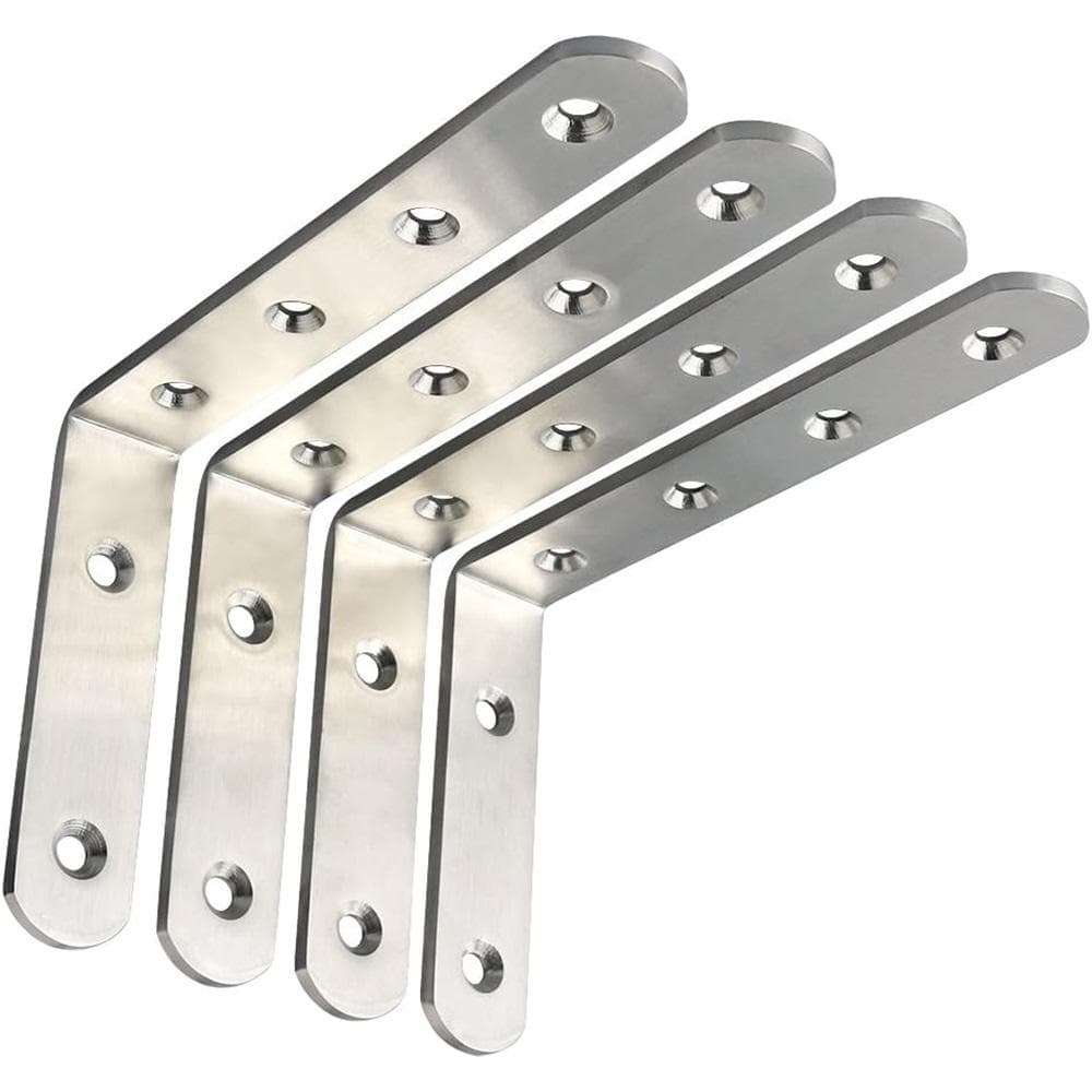 4-pack kraftiga hyllkonsoler i rostfritt stål – 4 mm tjocka, 90° vinkel, väggmontering för trähyllor, 150x100 mm (Inga skruvar medföljer)