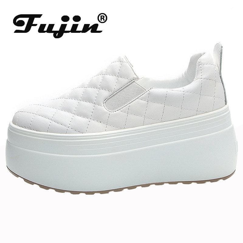 Fujin 8 cm sömnad i äkta läder Plattform Kil Kvinnor Kvinnor Sneakers Chunky Vår Höst Kvinnor Casual Vulkanisera Bekväma skor cm vit