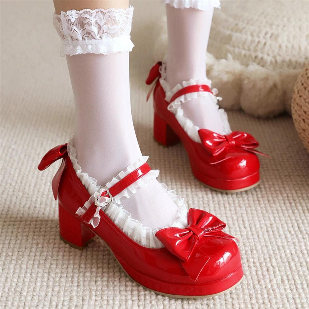 Kvinna Mellanhög Klack Lolita Skor Lackläder Söt Rosett Mary Jane Pumps Brud Bröllop Cosplay Fest Röd Rosa Svart Grön Storlek 31-43 cm grön