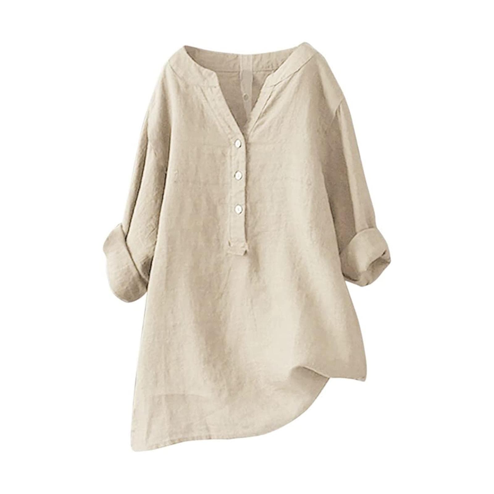 Kvinnor Solid Stand Collar Långärmad skjorta Casual Lös Blus Button Down Toppar L beige