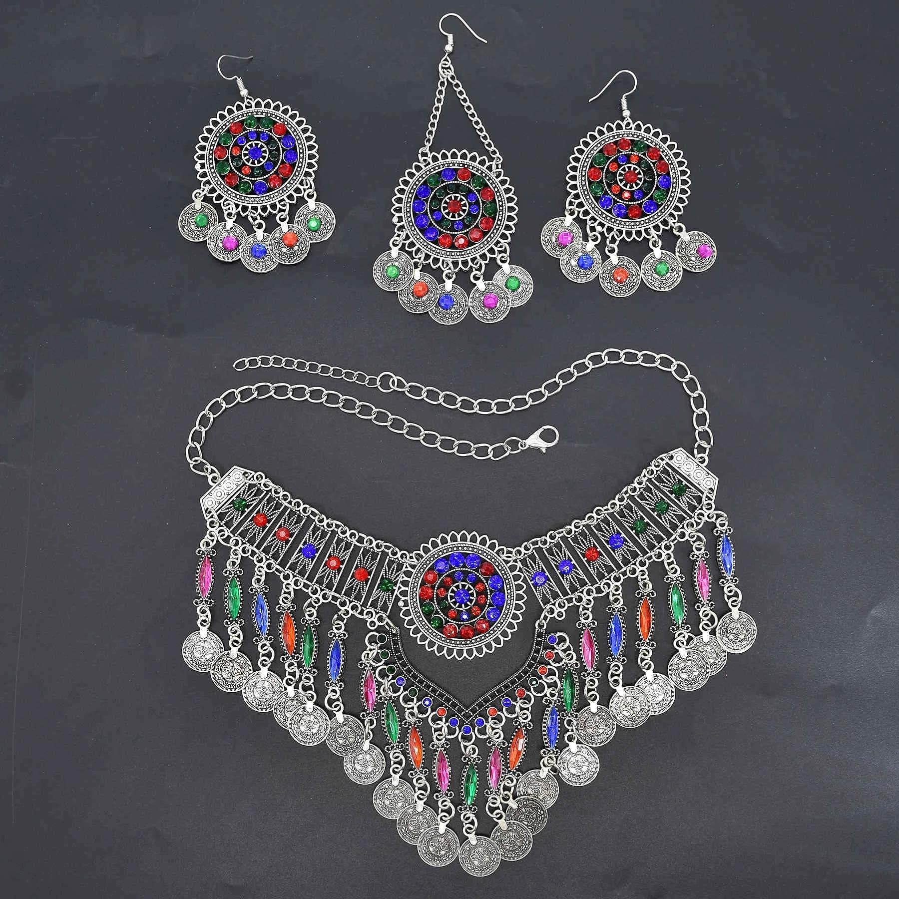 3 st Indiska afghanska zirkonset Halsband Örhängen Hårband för kvinnor Boho Etniska mynt Tofsar Färgglada kristaller Droppaccessoar
