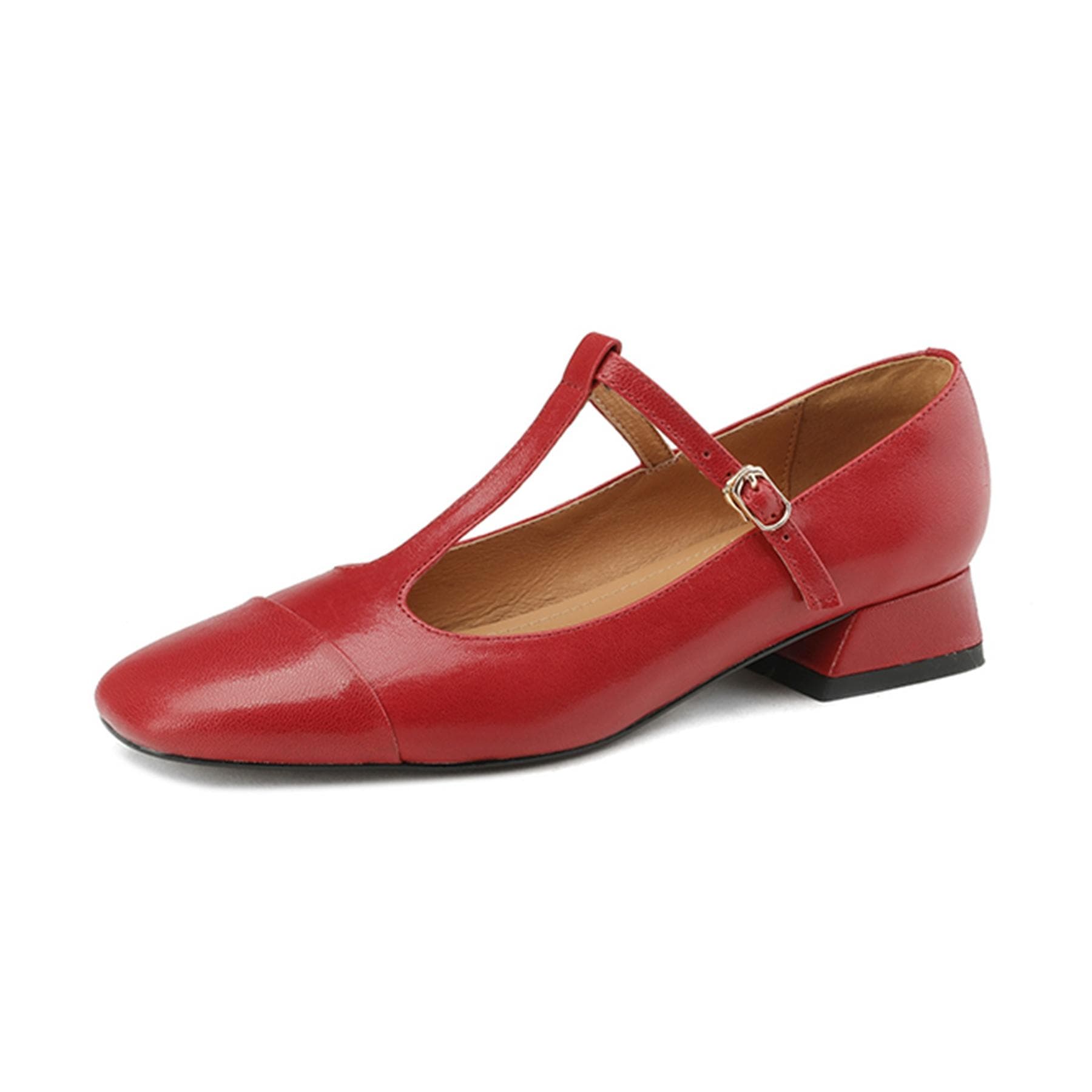 Krazing Pot Fårskinn Rund tå Låga klackar Sommarskor Mary Janes Sweet Girls Ankelband Dam Balett Pumps cm röd