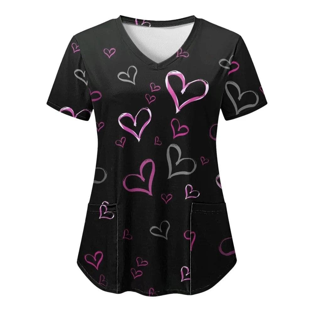 Dam Scrubs Toppar Sjuksköterska Uniform Hjärta 3d-tryck T-shirt Dammode V-ringad Pocket Overall Medicinska Uniformer Arbetskläder cm