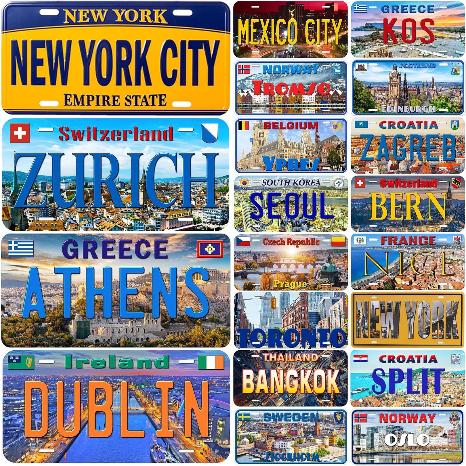 Vintage registreringsskyltar Dekorationsskyltar Vintage New York Zürich Dublin Aten Stadsmärken Metall Bildekorationer För Bilfront grön