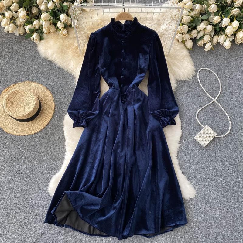 Hög kvalitet Höst Vinter Kvinnor Vintage Palace Velvet Festklänning Mode Stativ krage Lång Midi Casual Velour Klänningar cm blå