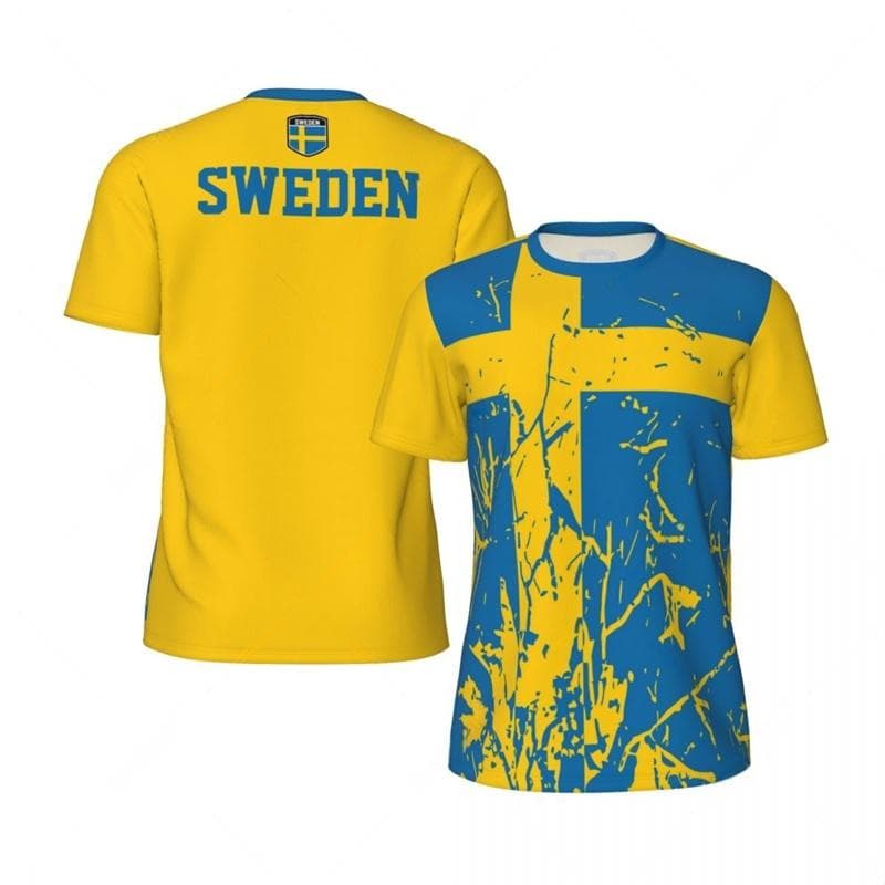 Sverige Fotbollströja För Män 3D-tryckt Lös T-shirt Mode Kortärmad Rundhalsad T-shirts Toppar Sommar Sport Fotbollströjor 4XL